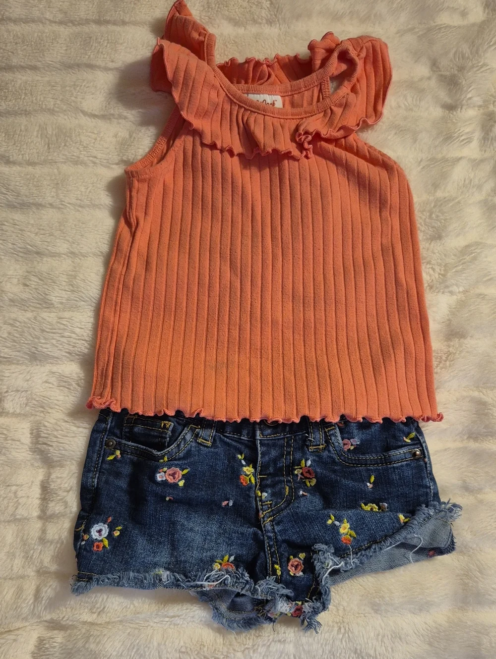Cat & Jack Coral Ruffled Ribbed Tank Top With Match Jean Shorts.